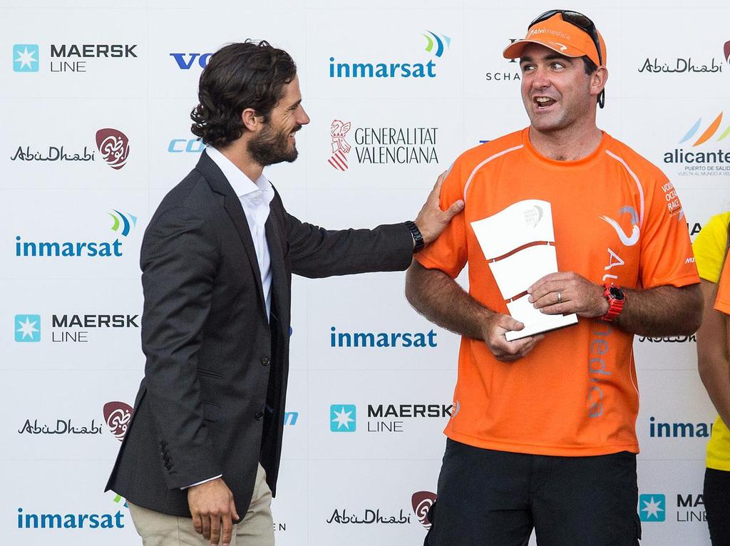 2014-15 Volvo Ocean Race - Prince Carl Philip of Sweden awarding Team Alvimedica with their prize after winning the Alicante In-Port Race. ©  David Ramos / Volvo Ocean Race