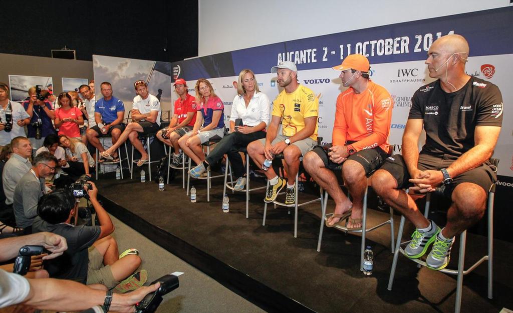 October 10,2014. Skippers press conference a day to the Start of the Volvo Ocean Race Alicante:<br />
Team Brunel - Bouwe Bekking,Team Alvimedica - Charlie Enright, Abu Dhabi Ocean Racing - Ian Walker, speaker Jo Pickard, Team SCA - Sam Davies, MAPFRE - Iker Martinez, Dongfeng Race Team - Charles Caudrelier, Team Vestas Wind - Chris Nicholson. ©  Ainhoa Sanchez/Volvo Ocean Race