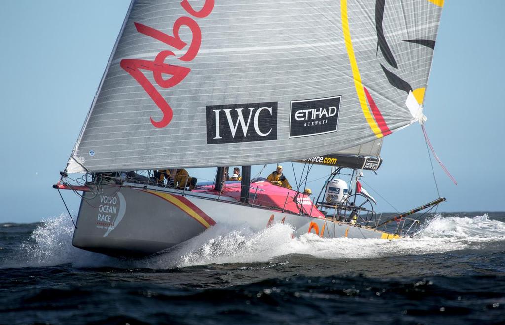 November 5, 2014. Abu Dhabi Ocean Racing celebrate after crossing the finish line in Cape Town as the winners of Leg 1. &copy; Volvo Ocean Race http://www.volvooceanrace.com