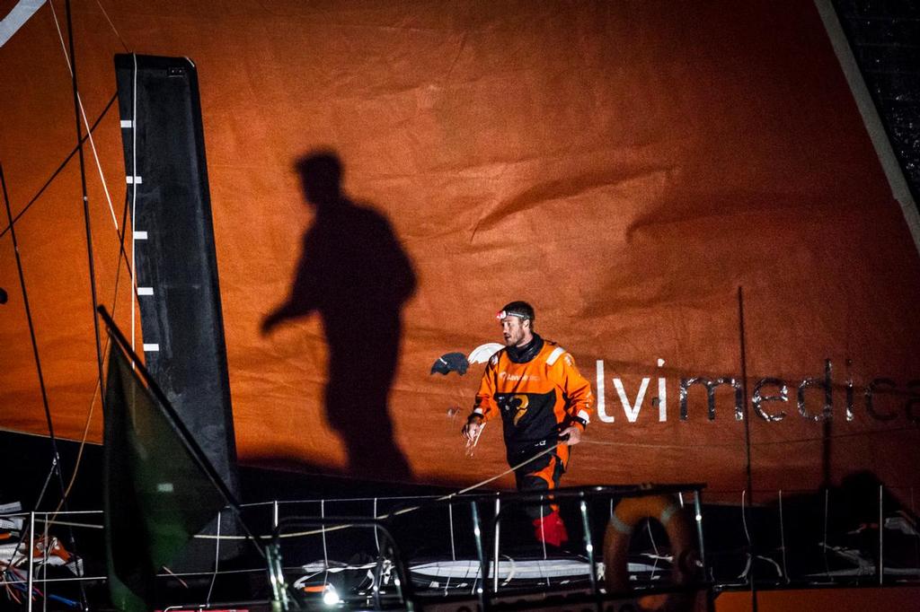 November 6th,2014. Team Alvimedica arrives to Cape Town in the middle of the night,fifth for Leg 1 after 26 days of sailing. Nick Dana. ©  Ainhoa Sanchez/Volvo Ocean Race