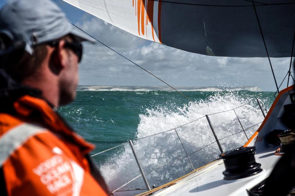 August 11, 2014. Round Britain Island Race Day 1 - OBR content Team Alvimedica: Ryan Houston looks towards the southeast corner of England and the cliffs of Dover during the first day of the RORC's Round Britain and Ireland Race. ©  Amory Ross / Team Alvimedica