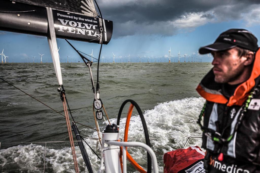 August 11, 2014. Round Britain Island Race Day 1 - OBR content Team Alvimedica: Wind farms, oil rigs, and commercial traffic litter the road north during day one of the RORC's Round Britain and Ireland Race. ©  Amory Ross / Team Alvimedica