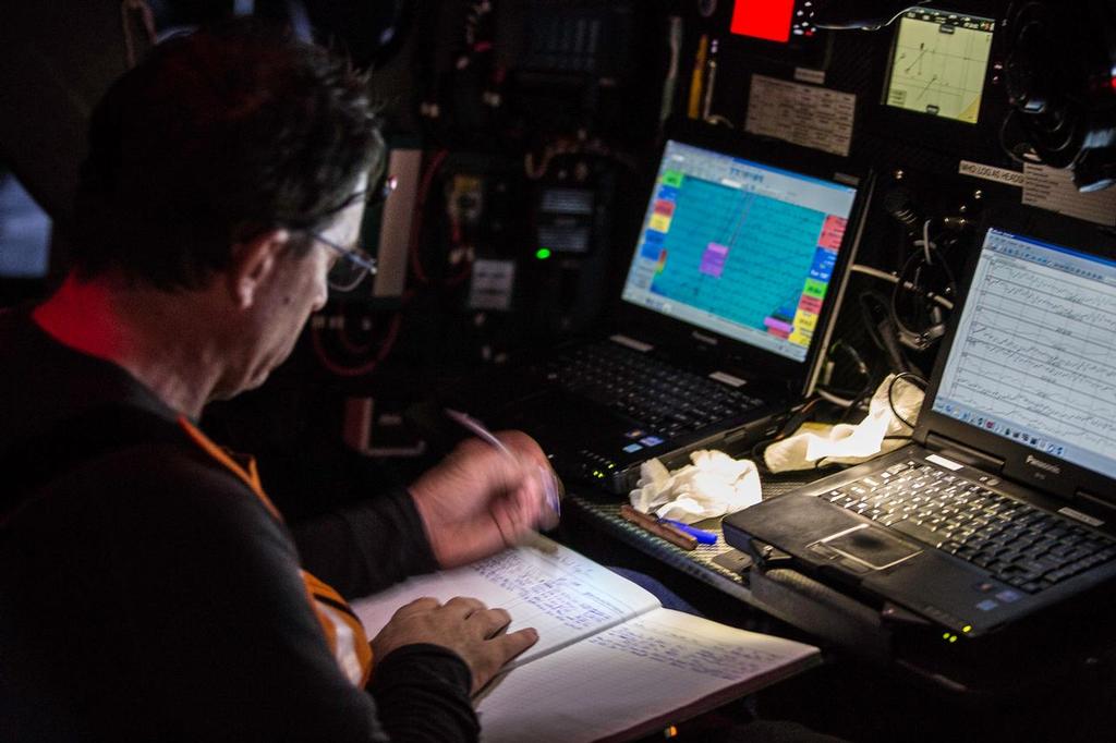 October 14, 2014. Leg 1 onboard Team Alvimedica. Day 3. After sailing through a front of rough weather overnight, it's a tired race down the African coast towards the Canary Islands. Will Oxley fastidiously maintains the Ship's Log, and does so knowing its archaic, written nature still holds value, even in the days of telemetry and technology. ©  Amory Ross / Team Alvimedica