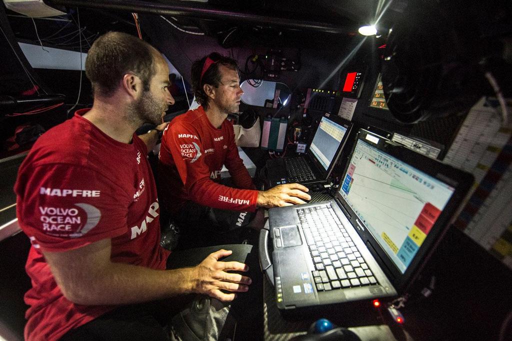 2014-15 Volvo Ocean Race. Leg 1 onboard Mapfre: Iker Martinez and Nico Lunven going over the navigation and looking for different options, and following tracking of other boats. © Volvo Ocean Race - Team Campos - Francisco Vignale http://www.volvooceanrace.com/