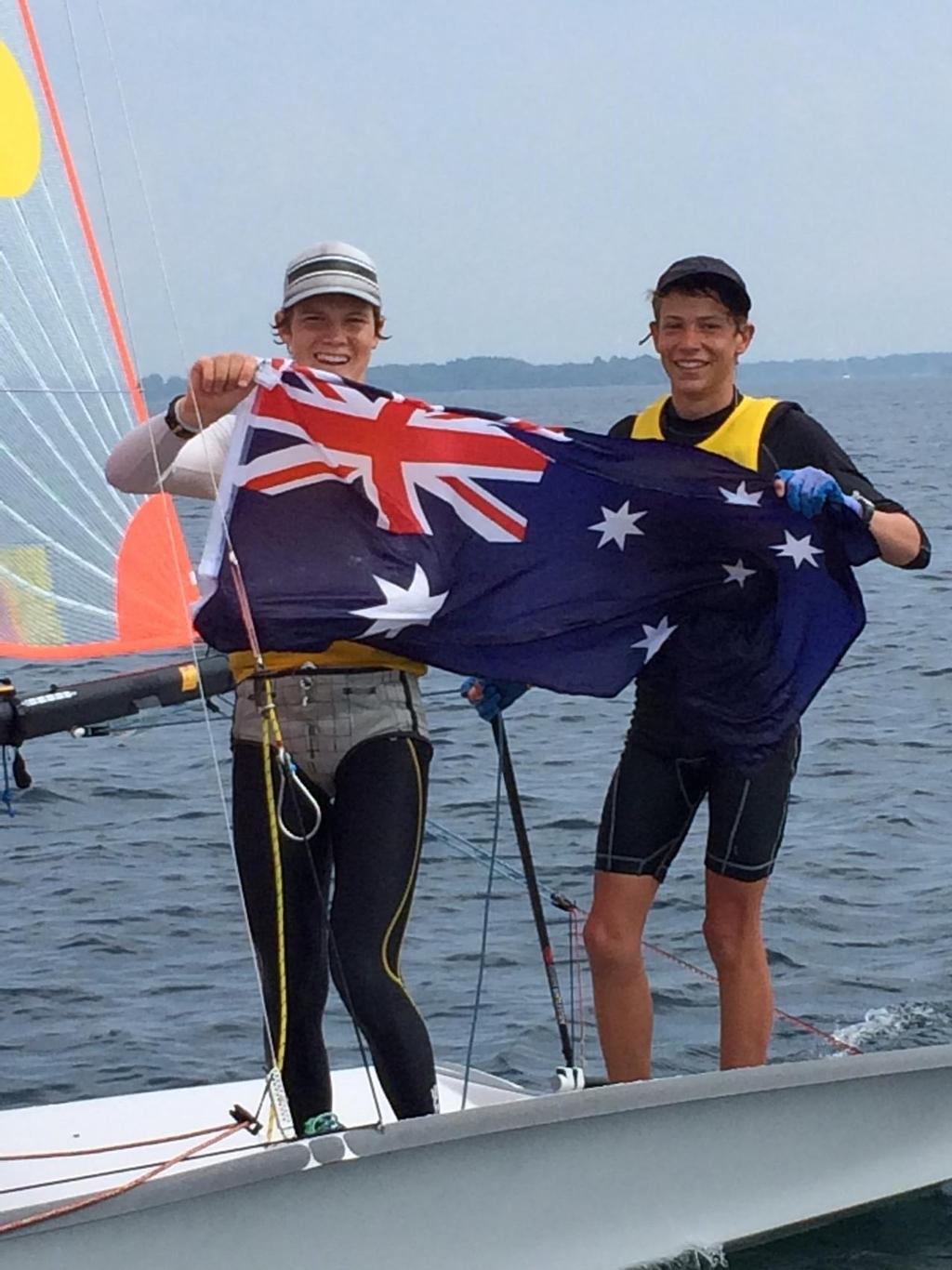 The new World 29er Champions Kurt Hansen and Harry Morton proudly fly the Aussie flag. - World 29er Championships photo copyright Brian Hansen taken at  and featuring the  class