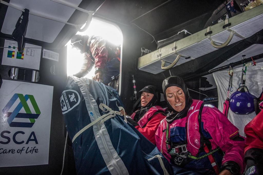 August 12, 2014. Round Britain Island Race Day 3 - OBR content Team SCA: Carolijn Brouwer, Dee Caffari during a sail change. © Corinna Halloran - Volvo Ocean Race http://www.volvooceanrace.com