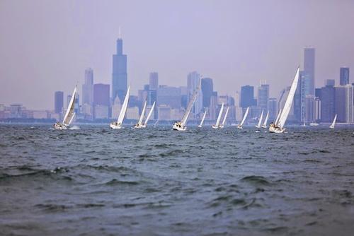 The 34 boat fleet heads into the finish line. Three Crib Fiasco 2014-Lake Michigan Beneteau Cup © Mike Thoney Photography