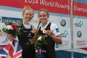 With Gold medals around their necks after a short build up in the women&rsquo;s double scull. Gold and World Best Time for Sophie Mackenzie and Julia Edward. - 2014 World Rowing Championships, Amsterdam, The Netherlands photo copyright Igor Meijer/FISA http://www.fisa.org taken at  and featuring the  class