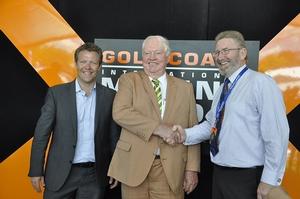 Gold Coast City Councillor Cameron Caldwell, Expo chairman Patrick Gay and Member for Coomera Michael Crandon celebrate the 4th successful Gold Coast International Mazrine Expo. photo copyright Gold Coast International Marine Expo taken at  and featuring the  class