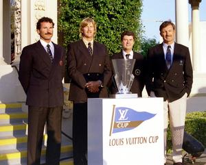 1995 San Diego - Winners of the Louis Vuitton Cup past and present.Paul Cayard, skipper of Moro di Venezia in '92, now helmsman on Stars & Stripes, with Peter Blake (Team NZ), Yves Carcelle (Louis Vuitton), and John Bertrand (Oneaustralia) at the Louis Vuitton Prizegiving ceremony. - Tribute to Louis Vuitton and Yves Carcelle - photo © Studio Borlenghi http://www.carloborlenghi.net/