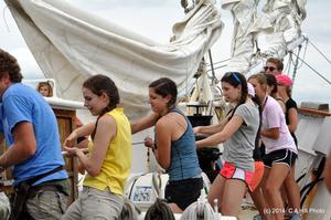 Students with Grab the Torch Leadership Initiative Programs set the sails on Mystic and conquer their fears going aloft. SSV Oliver Hazard Perry will engage a full spectrum of age groups. photo copyright Carol Hill http://www.ohpri.org/ taken at  and featuring the  class