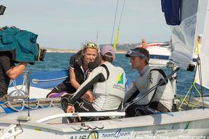 2014 ISAF Sailing World Championships, Santander - Mat Belcher and Will Ryan being interviewed after the 470 Men's medal race. photo copyright Thom Touw http://www.thomtouw.com taken at  and featuring the  class