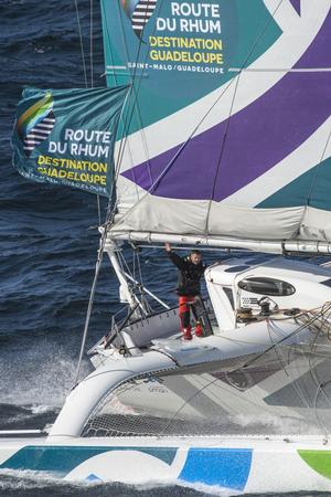 Sidney Gavignet (FRA) onboard the Oman sail MOD70 trimaran ``Musandam``. Shown here training offshore prior to the Route du Rhum 2014. photo copyright  Vincent Curutchet / Lloyd Images taken at  and featuring the  class