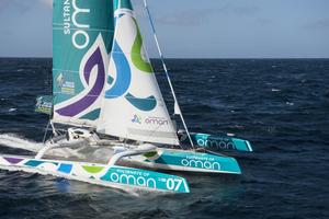  Sidney Gavignet (FRA) onboard the Oman sail MOD70 trimaran ``Musandam``. Shown here training offshore prior to the Route du Rhum 2014. photo copyright  Vincent Curutchet / Lloyd Images taken at  and featuring the  class