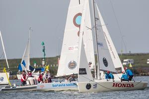 Pre Start action between Ian Williams and Taylor Canfield in the Finals of Dutch Match Cup. - Alpari World Match Racing Tour 2014 - Dutch Match Cup photo copyright  Robert Hajduk / WMRT taken at  and featuring the  class