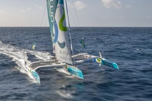 Sidney Gavignet (FRA) onboard the Oman sail MOD70 trimaran ``Musandam``. Shown here training offshore prior to the Route du Rhum 2014. photo copyright  Vincent Curutchet / Lloyd Images taken at  and featuring the  class