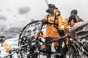 November 3, 2014. Leg one onboard Abu Dhabi Ocean Racing. Adil Khalid on helm, the team trying to keep ADOR ahead of the rest of the fleet - Volvo Ocean Race 2014-15 photo copyright Matt Knighton/Abu Dhabi Ocean Racing taken at  and featuring the  class