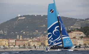  The Extreme Sailing Series 2013. Act7. Nice. France. The Wave Muscat skippered by Leigh McMillan (GBR), mainsail trimmer Pete Greenhalgh (GBR), headsail trimmer Musab Al Hadi (OMA), tactician Ed Smyth (NZL) and bowman Hashim Al Rashdi (OMA). photo copyright Lloyd Images taken at  and featuring the  class