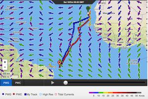 0940 UTC, Leg 1, Day 6 recommended route options - the blue route is the fastest in terms of time by 13hours. photo copyright PredictWind http://www.predictwind.com taken at  and featuring the  class
