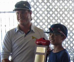 (r-l) Erik Hou holds Sabot II Championship trophy presented by Long Beach Yacht Club's Sailing Director Jess Gerry for winning the 2014 INSA Sabot II Invitational. photo copyright Rich Roberts taken at  and featuring the  class