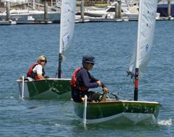 (r-l) Erik Hou, Newport Harbor Yacht Club holds second place finisher Jake Mayol, Bahia Corinthian Yatch Club, to win 2014 INSA Sabot II Invitational. photo copyright Rich Roberts taken at  and featuring the  class