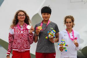 Left to right - Mariam Sekhposyan, Linli Wu, and Lucie Pianazza - Nanjing 2014 Youth Olympic Games photo copyright ISAF  taken at  and featuring the  class
