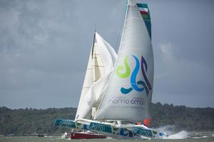 Sultanate of Oman’s flagship 70ft trimaran, Musandam-Oman Sail at the start of the Round Britain and Ireland Race photo copyright Lloyd Images taken at  and featuring the  class