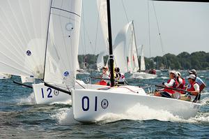 Skipper Michael Menninger and the Newport Harbor Yacht Club team blast downwind en route to one of their five race wins on Day 3 of the U.S. Qualifying Series for the New York Yacht Club Invitational Cup presented by Rolex. They have a commanding 17-point lead in the Gold Fleet standings. photo copyright Allen Clark/Photoboat.com taken at  and featuring the  class