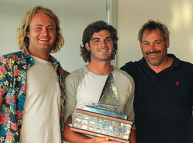 Presentation time – Ian McKillop (2nd), Joe McMillan (1st) and Matt Visser (3rd). - 2015 Finn Australian Championship © International Finn Association of Australia