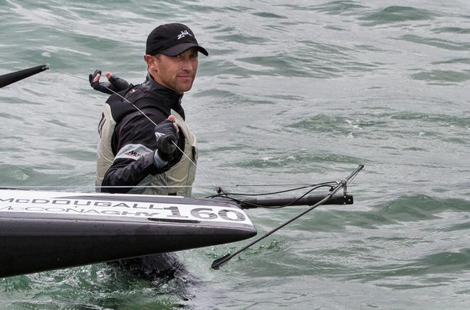 Two-time former Moth World Champion, Rohan Veal, ultimately preferred to race than be a spectator. - 2015 Moth World Championship ©  Alex McKinnon Photography http://www.alexmckinnonphotography.com