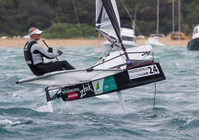 Tom Burton (AUS) demonstrating the ’Up, tiddly, up, up!’ - 2015 Moth World Championship ©  Alex McKinnon Photography http://www.alexmckinnonphotography.com