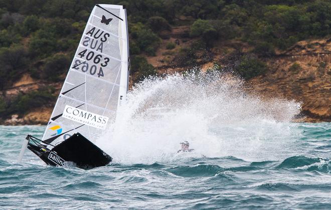 Top Gun - ’Hit the brakes and he’ll fly right by!’ Kurt’s Warner (AUS) goes down the mine and gets a swim for his efforts... - 2015 Moth World Championship ©  Alex McKinnon Photography http://www.alexmckinnonphotography.com