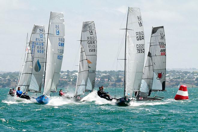 Tight at the first windward mark - International 14 World Championships 2015 © Teri Dodds http://www.teridodds.com