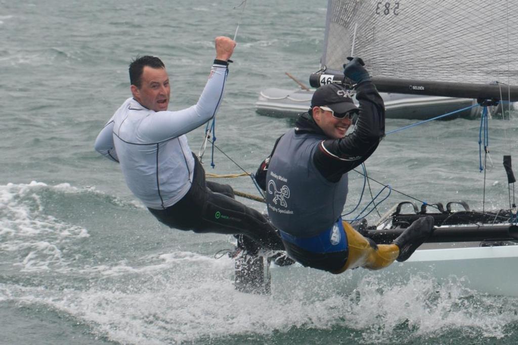 Jubilation for the series winners, Britain’s Glen Truswell and Sam Pascoe, after taking out another race win - International 14 World Championships 2015. © Rhenny Cunningham