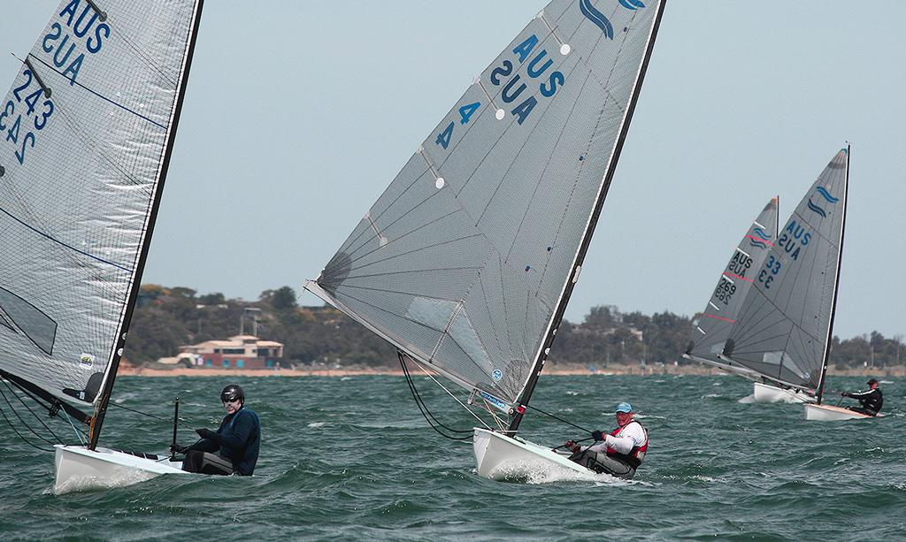 Neville Wild, Tim Eade, Stuart Skeggs and John Alexander head down to the leeward mark. - 2015 Finn Australian Championship © Lara Blasse