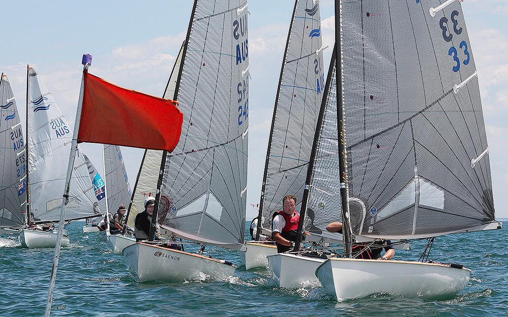 Light wind congestion at the pin end of a start. - 2015 Finn Australian Championship © Lara Blasse