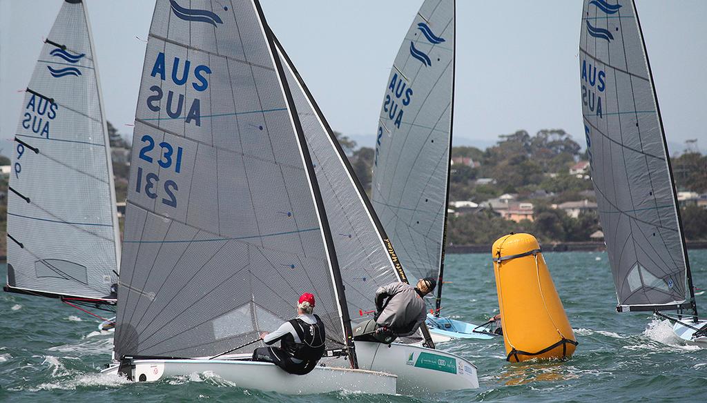 Busy times at the top mark, with John Shallvey leading this group around. - 2015 Finn Australian Championship © Lara Blasse