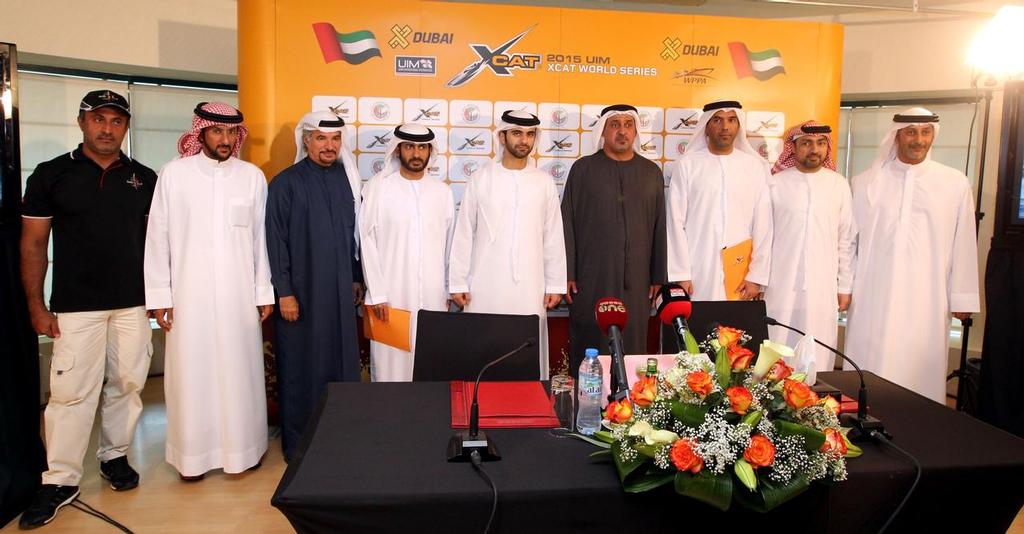 (From left) Arif Al Zaffain (DIMC Board Member and Victory Team General Manager), Essa Khalfan Bin Kharbesh (DIMC and WPPA board member),   H.E Saeed Hareb (DIMC Chairman), H.E Dr Saif Al Ketbi (WPPA President), H.H Sheikh Mansour Bin Mohammed Bin Rashid Al Maktoum (DIMC President), H.H Dr Sheikh Sultan Bin Khalifa Bin Zayed Al Nahyan (ADIMC President and advisor to the UAE President), Ahmed Al Rumaithi (ADIMC board member), Dr Khalid Al Zahed (DIMC and WPPA Vice President) and Mohammad Har © Xcat world series