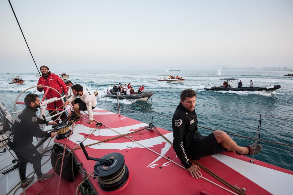 Dongfeng Race Team arrives to Sanya in first position, leader of Leg 3 after 23 days of sailing. RIBs come to greet the winners of Leg 3. ©  Sam Greenfield / Volvo Ocean Race