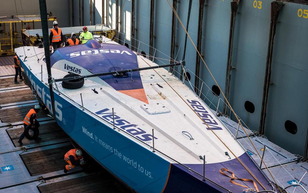 January 26, 2015.  MAERSK Line ship MV Stockholm delivered the Team Vestas Wind VO65 to the port in Genoa, Italy. © Brian Carlin - Team Vestas Wind