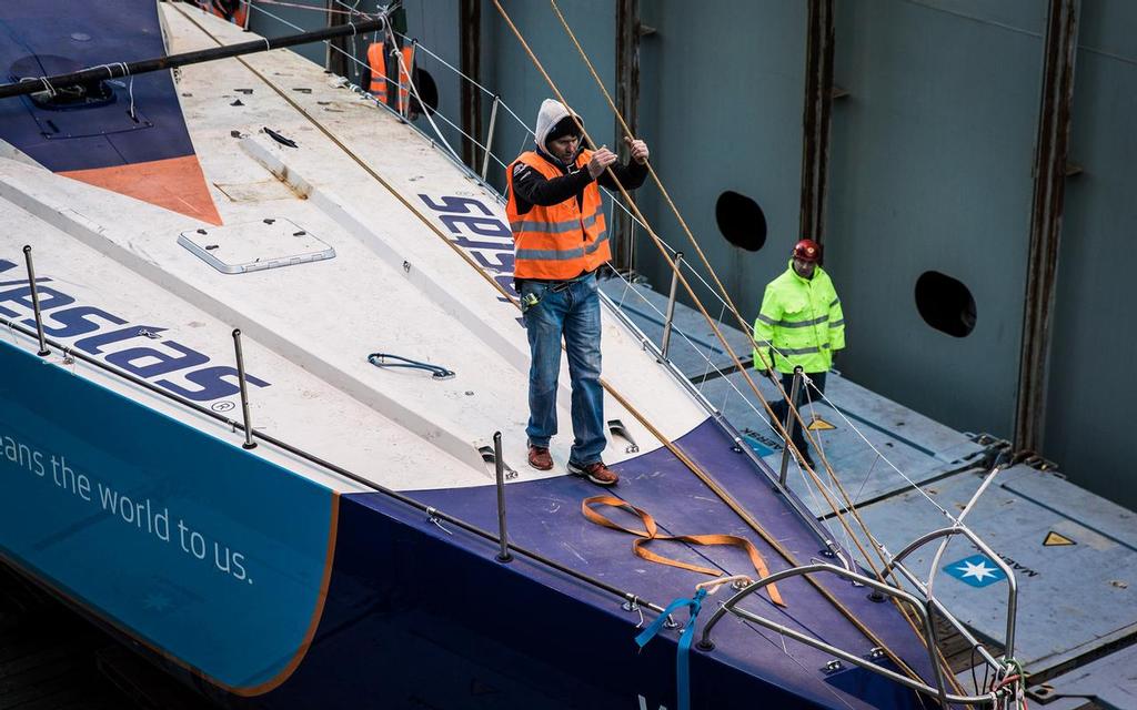 January 26, 2015.  MAERSK Line ship MV Stockholm delivered the Team Vestas Wind VO65 to the port in Genoa, Italy. © Brian Carlin - Team Vestas Wind