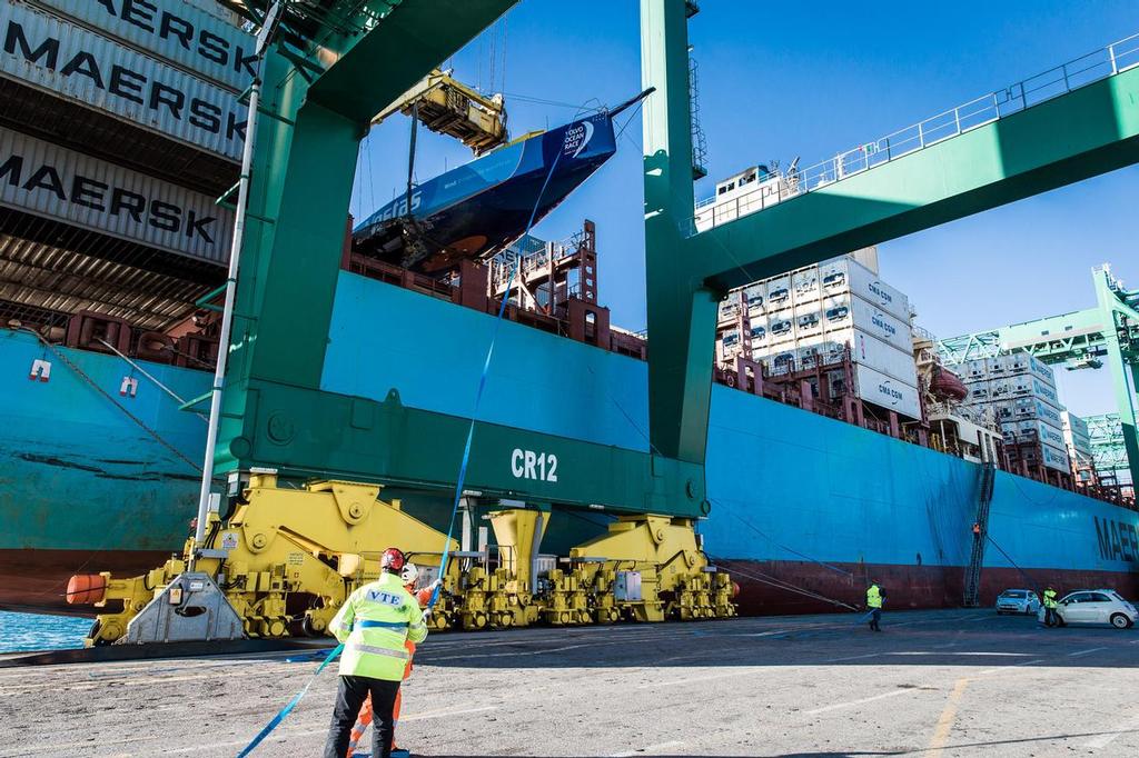 January 26, 2015.  MAERSK Line ship MV Stockholm delivered the Team Vestas Wind VO65 to the port in Genoa, Italy. © Brian Carlin - Team Vestas Wind