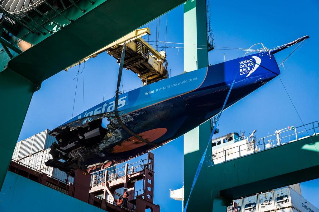 January 26, 2015.  MAERSK Line ship MV Stockholm delivered the Team Vestas Wind VO65 to the port in Genoa, Italy. © Brian Carlin - Team Vestas Wind