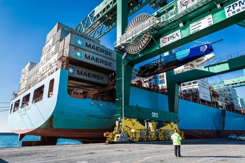January 26, 2015.  MAERSK Line ship MV Stockholm delivered the Team Vestas Wind VO65 to the port in Genoa, Italy. © Brian Carlin - Team Vestas Wind