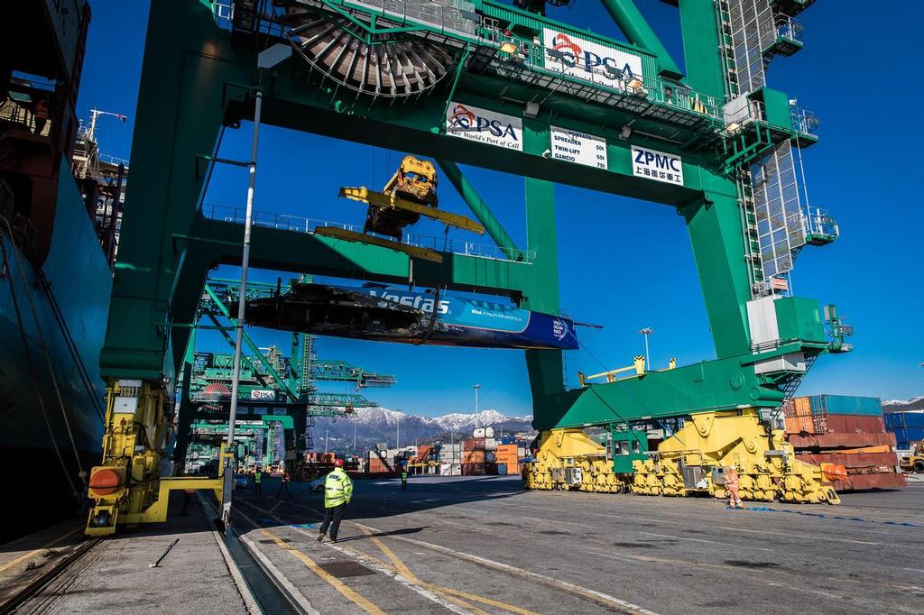 January 26, 2015.  MAERSK Line ship MV Stockholm delivered the Team Vestas Wind VO65 to the port in Genoa, Italy. © Brian Carlin - Team Vestas Wind