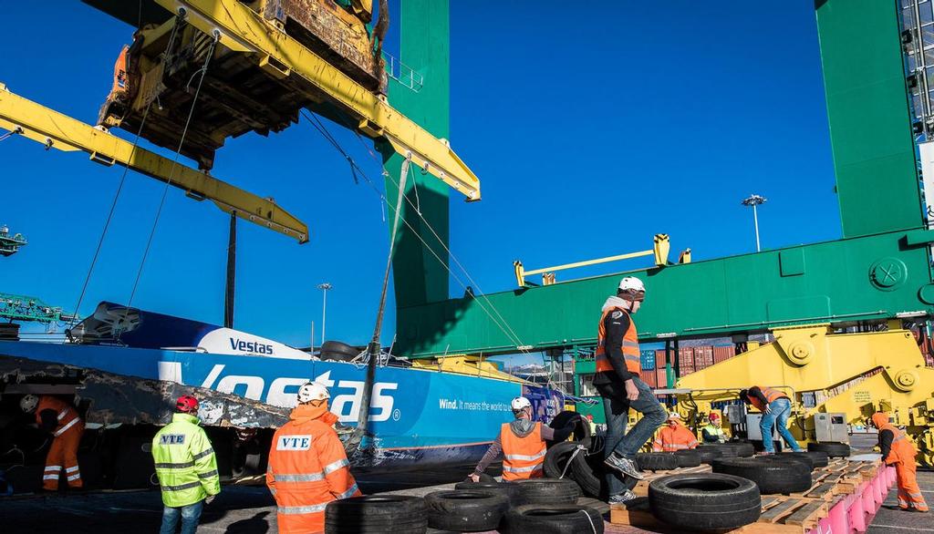 January 26, 2015.  MAERSK Line ship MV Stockholm delivered the Team Vestas Wind VO65 to the port in Genoa, Italy. © Brian Carlin - Team Vestas Wind