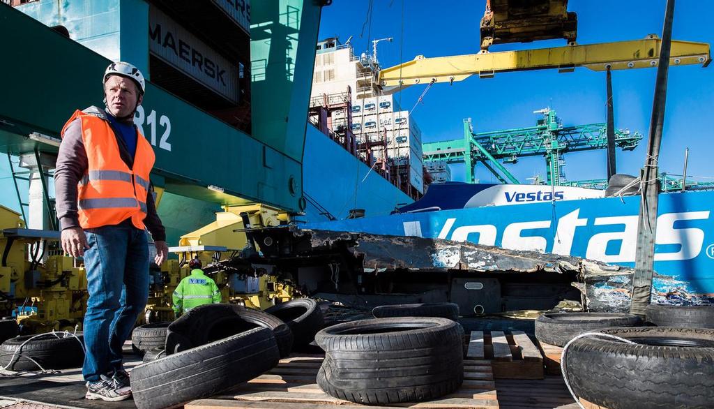 January 26, 2015.  MAERSK Line ship MV Stockholm delivered the Team Vestas Wind VO65 to the port in Genoa, Italy. © Brian Carlin - Team Vestas Wind