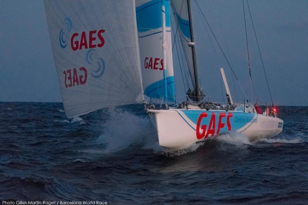 01/01/2015, Barcelona (ESP), Barcelona World Race 2014-15, First Day at Sea, GAES Centros Auditivos, (Gerard Marin, Anna Corbella). © Gilles Martin-Raget / Barcelona World Race