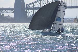 Big Foot Trapeze Harnesses under kite  - 55th 12 Foot Skiff Interdominion Championship 2 015 Hosted by NSW 12Ft Sailing Skiff Association at Australian 18 Footers League, Double Bay. photo copyright Vita Williams taken at  and featuring the  class