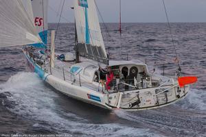 01/01/2015, Barcelona (ESP), Barcelona World Race 2014-15, First Day at Sea, GAES Centros Auditivos, (Gerard Marin, Anna Corbella). photo copyright Gilles Martin-Raget / Barcelona World Race taken at  and featuring the  class